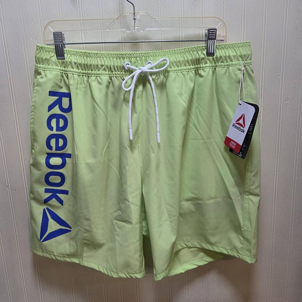 Reebok Swim Trunks Mens Medium Green 7 Inseam Built-In Brief Shorts Drawstring‎